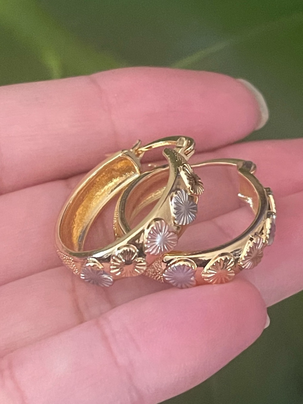 Gold Hoop Earrings with Pink & Silver Heart Accents - Picture 2 of 2